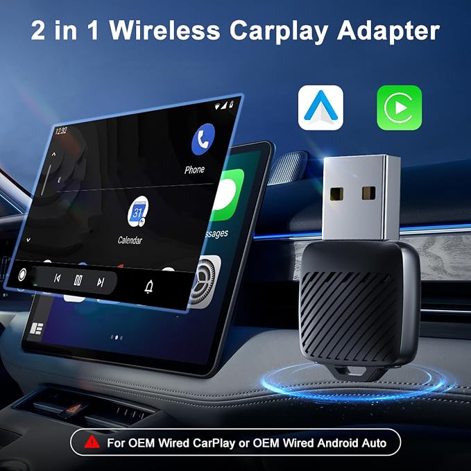 LICAEVEY Wireless Car Play Adapter, Vehicle Mounted System Wireless Adapter, 2 in 1 Wired to Wireless Car Interconnect Converter Support for Android Auto, Plug and Play, Fast Auto Connect