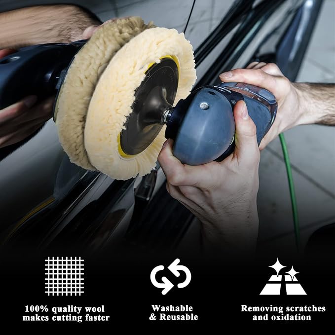 Tallew 6 Pcs 6 Inch Wool Buffing Polishing Pads Hook Loop Cutting Pads with Backing Plate for Car, Boat, Wood, Marble Surface Polishing & Scratch Removal (Original Color)