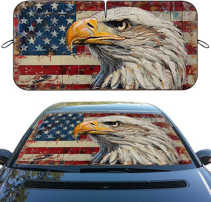 Bald Eagle American Flag Car Windshield Sunshade Folding, UV Rays Sun Shade Visor Protector, Universal Fit for SUV, Truck, Sedan, Easy to Install and Remove