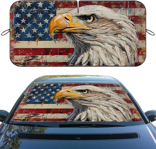 Bald Eagle American Flag Car Windshield Sunshade Folding, UV Rays Sun Shade Visor Protector, Universal Fit for SUV, Truck, Sedan, Easy to Install and Remove