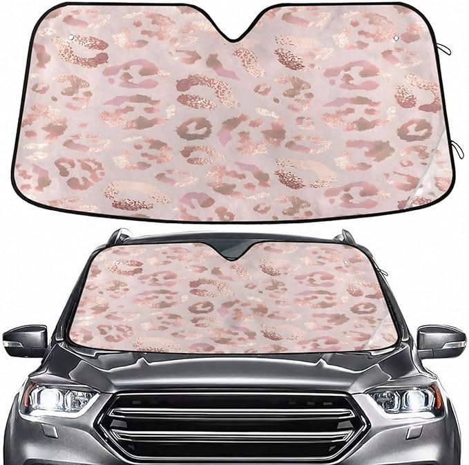 Windshield Sun Shade Leopard Print Cheetah Rose Gold Ram Front Window Block UV Shades Visor Reflective Retractable for Car SUV Trucks