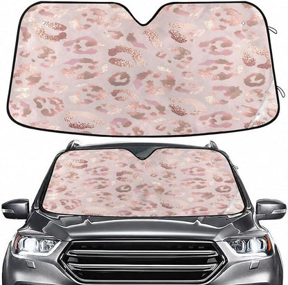 Windshield Sun Shade Leopard Print Cheetah Rose Gold Ram Front Window Block UV Shades Visor Reflective Retractable for Car SUV Trucks