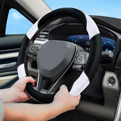 Soft Leather Steering Wheel Cover with Breathable Design and Anti-Slip Grip, Fully Compatible with Tesla, Toyota, Honda, Nissan 14.5-15.2 inch Round Steering Wheel（Sedans and SUVs）