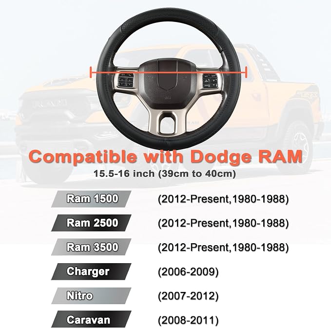West Llama Customized Auto Car Steering Wheel Cover for Dodge RAM 1500 2500 3500, 15.5-16 inch(Black+Orange-Large Size)