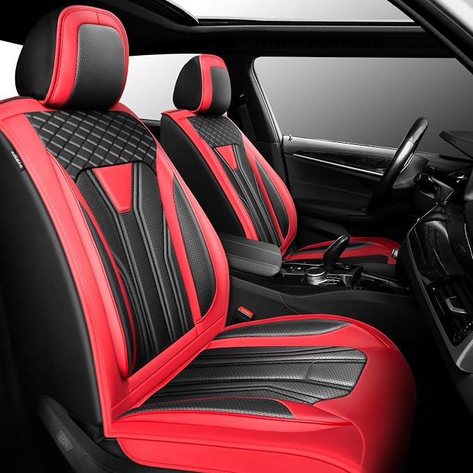 Fit Patriot Car Seat Covers for Jeep Patriot 5 Seats 2007-2016 2017 -Premium Leather, Waterproof & Breathable，All-Weather Seat Cushion Protecto & Airbag Compatible, 2 Front Seat Red & Black