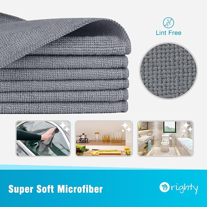 Orighty Grey Microfiber Cleaning Cloth, Microfiber Towels for Cars, Highly Absorbent Car Cleaning Supplies, Lint Free Cloths Clean Rags for Car Care, House, Kitchen, 12x11 inch, Pack of 24