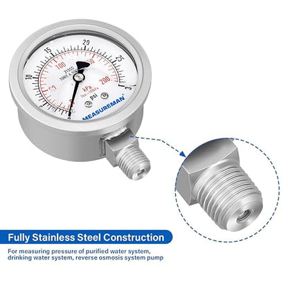 MEASUREMAN Fully Stainless Steel Hydraulic Glycerin Filled Pressure Gauge, 2-1/2" Dial Size,0-30psi/kpa,1/4" NPT Lower Mount