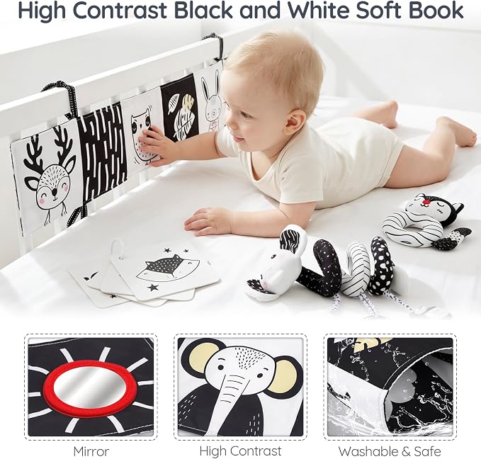 Joyreal High Contrast Baby Toys for Newborn, Black and White Baby Sensory Toys with Car Seat Toys,Infant Toys with Black White Cards Book, Montessori Toys for Baby Gifts (Elephant Theme)