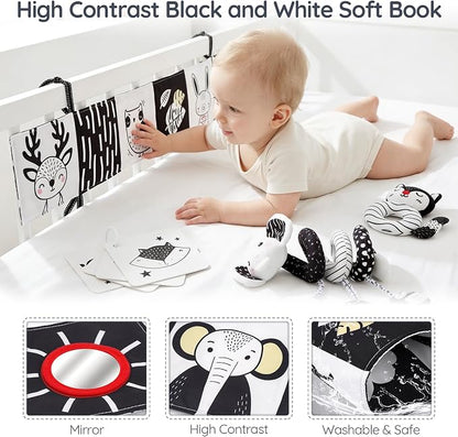 Joyreal High Contrast Baby Toys for Newborn, Black and White Baby Sensory Toys with Car Seat Toys,Infant Toys with Black White Cards Book, Montessori Toys for Baby Gifts (Elephant Theme)