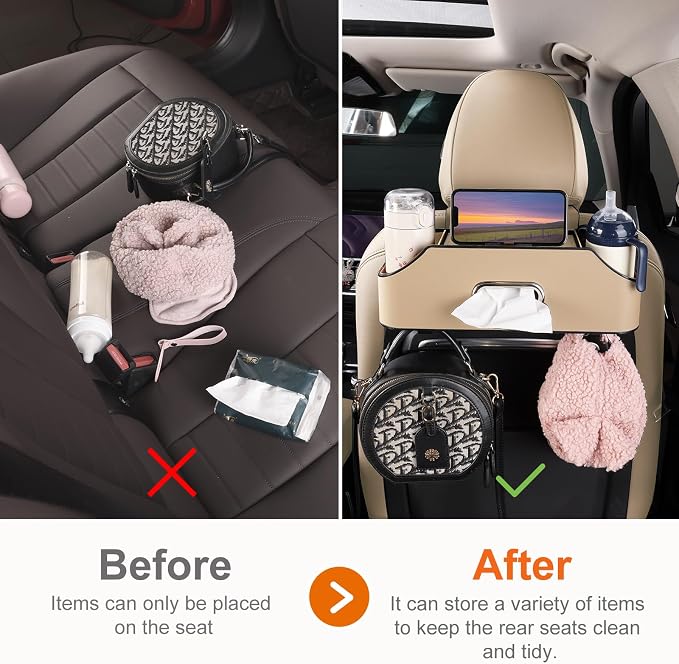Car Rear Backseat Extra Multifunctional Drink Cup Holder Organizers With Tissue Storage Box Organizer & Hooks For Car Seat Back.Beige