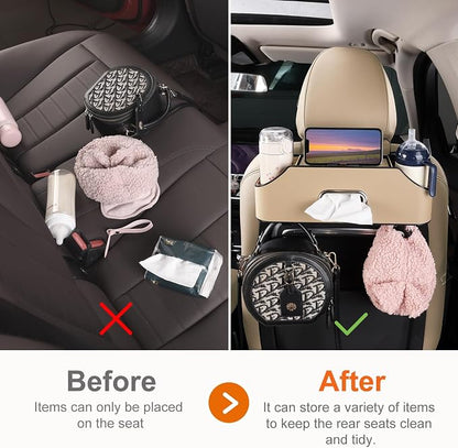Car Rear Backseat Extra Multifunctional Drink Cup Holder Organizers With Tissue Storage Box Organizer & Hooks For Car Seat Back.Beige