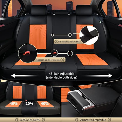 FLORICH Leather Seat Covers, Car Seat Covers Full Set, Car Seat Protectors 5 Seats, Automotive Seat Covers Driver Seat Covers Fit for Most Cars Trucks SUV-Black&Orange