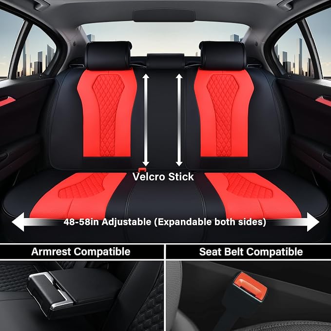 Coverado Car Seat Covers, Seat Covers Full Set, Red Car Seat Cover, Auto Seat Covers Front Seats Rear Seat Cover, Luxury Car Seat Cushion,Leather Seat Cover Seat Protector Universal Fit Most Cars
