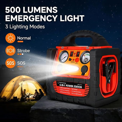 2200 Amp Car Jump Starter with Air Compressor,Portable Power Station with 260 PSI Tire Inflator,400W Power Inverter Dual AC/DC Ports,2.1A USB Port,Battery Clamps