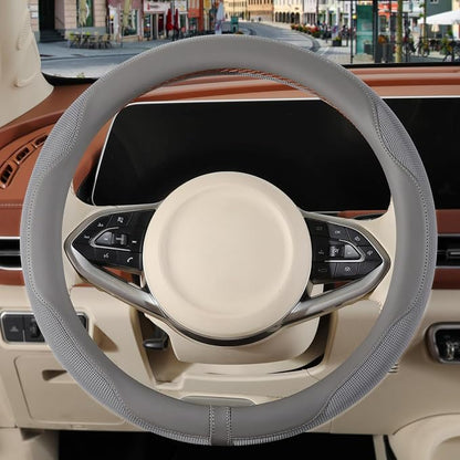 Nappa Leather Steering Wheel Cover, Advanced Microfiber Leather Non-Slip Breathable Fabric, Warm in Winter and Cool in Summer, Gray Large 15.5 inch to 16 inch