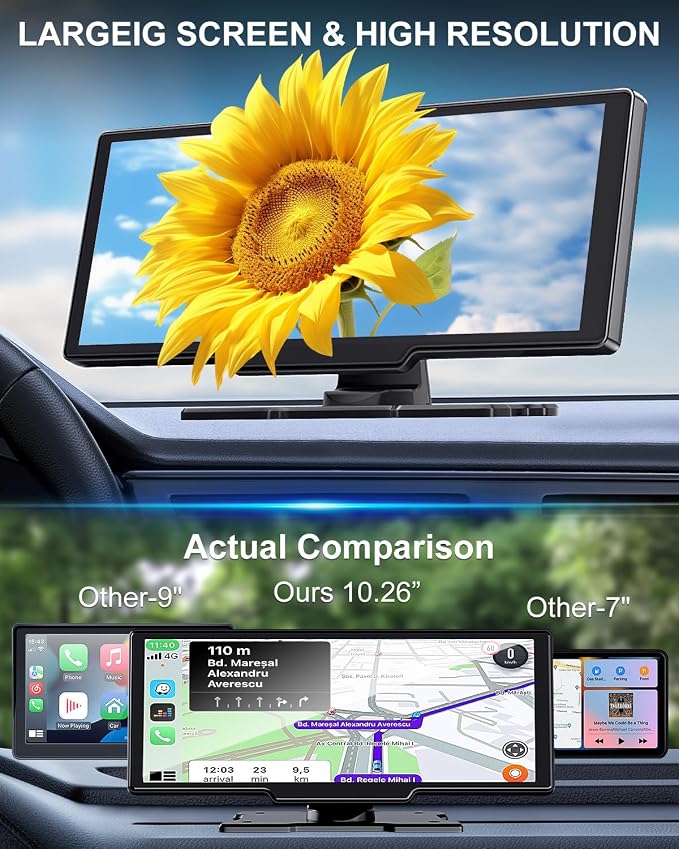 10.26" Apple Carplay Screen for Car, Wireless Portable Car Play & Android Auto HD Touch Screen, 4K Dash Cam, 1080P Backup Camera, Bluetooth 5.0, FM/Mirror Link/GPS Navigation, for All Vehicles