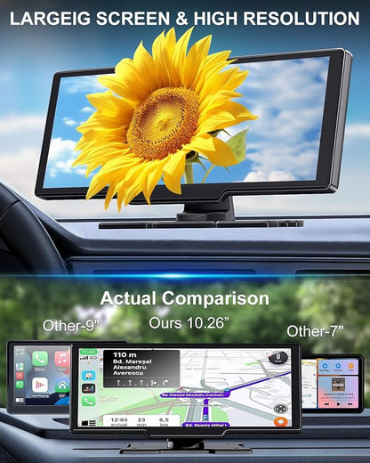 10.26" Apple Carplay Screen for Car, Wireless Portable Car Play & Android Auto HD Touch Screen, 4K Dash Cam, 1080P Backup Camera, Bluetooth 5.0, FM/Mirror Link/GPS Navigation, for All Vehicles