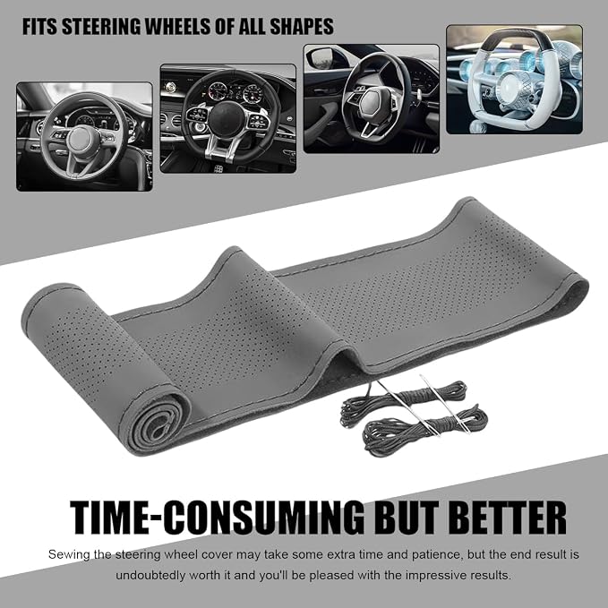 Wevdn Genuine Leather Steering Wheel Cover, Stitch on Wrap, DIY Sewing Steering Wheel Protector, 15 Inch Breathable Non-Slip Steering Wheel Protector, Car Accessories (Gray, Middle Hole)