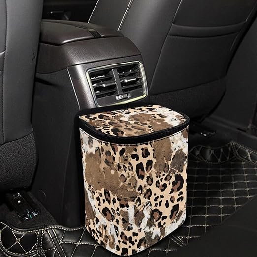 Talayituse Brown Leopard Cow Print Car Trash Can with Lid, Leak Proof Auto Trash Bag Hanging Vehicle Garbage Can Multipurpose Storage Container for Back Seat Road Trip