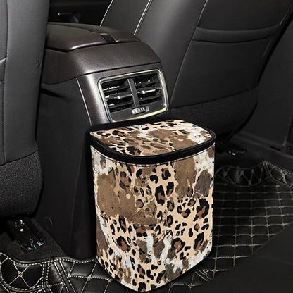 Talayituse Brown Leopard Cow Print Car Trash Can with Lid, Leak Proof Auto Trash Bag Hanging Vehicle Garbage Can Multipurpose Storage Container for Back Seat Road Trip