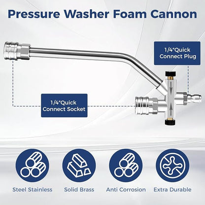 Foam Cannon Dual Connector for Pressure Washer, Industrial Car Wash Foam Gun Kit 1/4 Inch Quick Connector, Adjustable Soap Cannon with 5 Pressure Washer Nozzle Tips, Adapter, 1 Liter