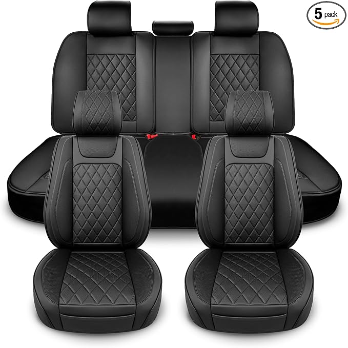 BEITK Leather Car Seat Covers Full Set,Unique Rear Design Easy to Install Car Seat Cover Protectors,Universal Full Surround Front Back Auto Seat Cover,Car Seat Cover for Sedan Cars Pick-up Trucks SUV