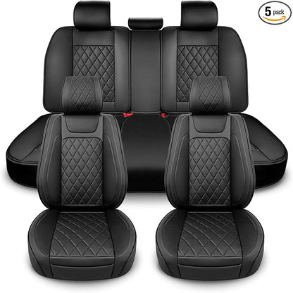BEITK Leather Car Seat Covers Full Set,Unique Rear Design Easy to Install Car Seat Cover Protectors,Universal Full Surround Front Back Auto Seat Cover,Car Seat Cover for Sedan Cars Pick-up Trucks SUV