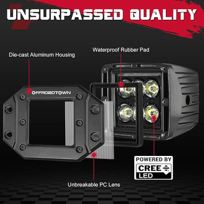Flush Mount LED Pods, OFFROADTOWN 5'' 12,000LM CREE LED Driving Lights Reverse Backup Light Flush Light Bar Off Road Lights Work Light for Truck Pickup UTV ATV SUV Boat 4x4 Car - Driving Flood