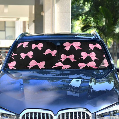 Pink Bow Black Windshield Sunshade Car Sun Shade Front Window Shade for Truck SUV Blocks UV Rays Sun Reflector Visor Protector Accordion Folding