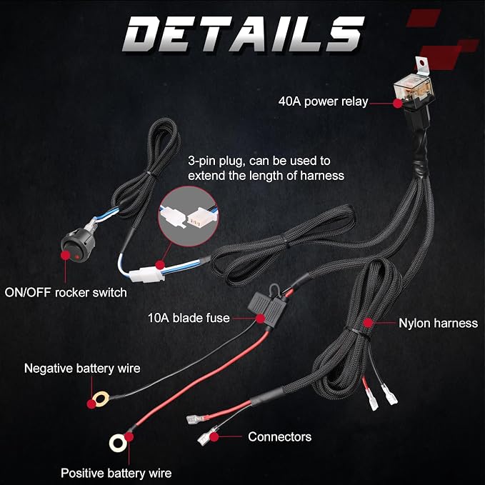 Wiring Harness 2 Lead, OFFROADTOWN Nylon Wiring Harness Kit for LED Pods Driving Light Fog Light 12V 40A Fuse Relay On/Off Rocker Switch 18AWG Heavy Duty Wiring Harness for Trucks Offroad ATV UTV Boat