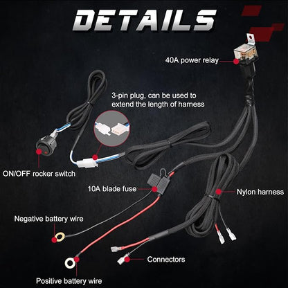 Wiring Harness 2 Lead, OFFROADTOWN Nylon Wiring Harness Kit for LED Pods Driving Light Fog Light 12V 40A Fuse Relay On/Off Rocker Switch 18AWG Heavy Duty Wiring Harness for Trucks Offroad ATV UTV Boat