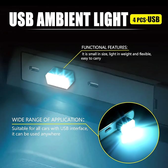 4 PCS USB LED Car Interior Atmosphere Lamp, Portable Mini Auto LED Decor Night Light, Plug-in USB Interface Ambient Lighting Kit, Universal Car Interior Accessories(Ice Blue)