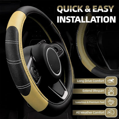 NBTEPEM 6 Pcs Beige Car Accessories Set, Sport Leather Steering Wheel Cover 14.5-15inch Universal, Microfiber Leather Car Center Console Cover, Seat Belt Cushion, Cup Holder Coaster (Black-Beige)