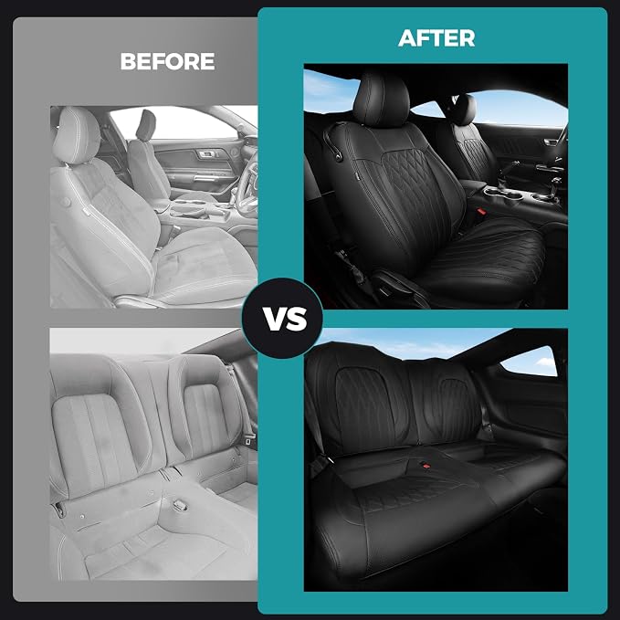 Custom for Ford Mustang Coupe Seat Covers 2015-2025 - Custom-Fit Full Set Faux Leather Car Seat Covers for Mustang Coupe Fastback GT/V6/EcoBoost 2015 2016 2017 2018 2019 2020 2021 2022 2023 2024 2025