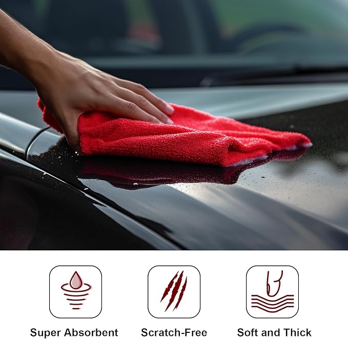 Shimeyao 30 Pcs 16 x 16 Inch Edgeless Microfiber Plush Towels for Cars Detailing Drying Wash Polishing Absorbent Cleaning Cloths, 500 GSM (Red)
