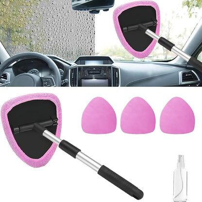 Windshield Cleaning Tool, Car Window Cleaner with Extendable Handle, 4 Microfiber Pads and Spray Bottle, Auto Interior Exterior Glass Wiper Cleaning Kit Universal for RV, SUV, Truck (Pink)