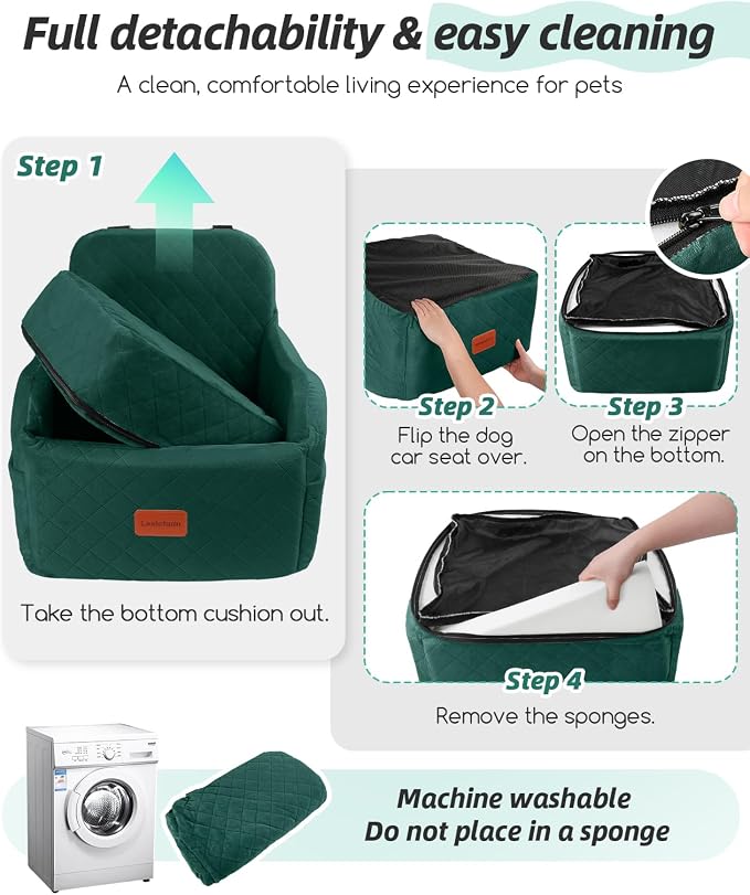 Lealchum Dog Booster Car Seat for Small/Medium Dogs,6in Elevated Cushion,Fully Detachable and Washable,2 Storage Pockets & 3 Straps,Fits in Front/Back Seat,Easy to Install (Green,Medium)