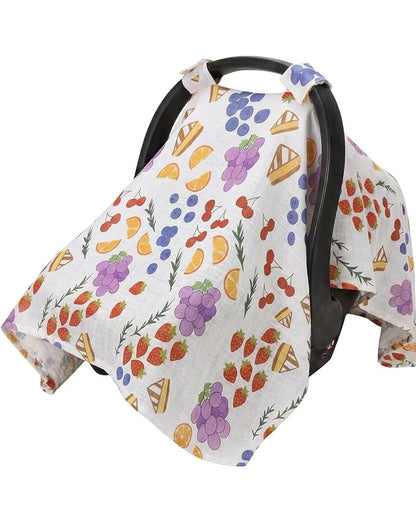 Rquite Car Seat Cover Baby for Girls Boys, 100% Muslin Cotton Infant Carseat Canopy, Soft Breathable Stroller Sun Shade & Newborn Shower Gift, Large Size Universal Fit Summer, Hot & Warm Weather