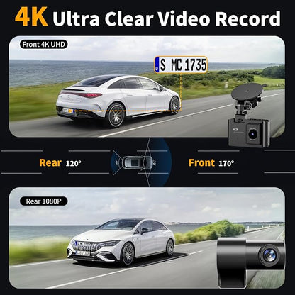 Dash Cam Front and Rear: 4K Dual Channel Dash Cam - 5GHz WiFi, Dash Camera for Cars with 64GB Card, 2" IPS, App Control, G-Sensor, Loop Recording, 170° Wide Angle, Night Vision, 24H Parking Mode