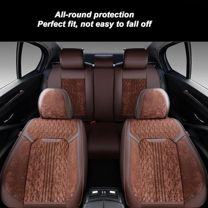 Coverado Car Seat Covers Full Set, Waterproof Seat Covers for Cars with Leather&Velvet, Car Seat Protector Universal Fit for Most Vehicles（Coffee）