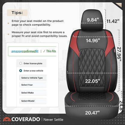 Coverado Automotive Seat Covers, Faux Leather Seat Covers Front Seat, Luxury Car Seat Covers, Seat Cushion, Front Driver Seat Covers, Car Seat Protector Truck Accessories Fit Most Cars, Black&Red