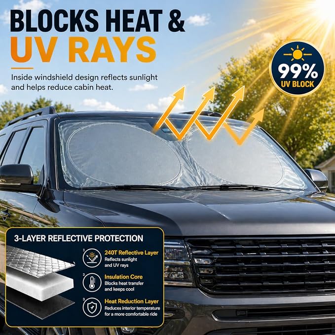 Ford Expedition Windshield Sun Shade, Custom Fit Foldable Front Window Sunshade Visor, Reflective UV and Heat Block Interior Protector, Fits 1997–2024 Models