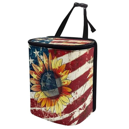 Sunflower American Flag Print Car Trash Can with Lid Car Accessories for Men Women Trash Bin Hanging Back of Seat Collapsible Leak Proof Multipurpose Vehicle Garbage Can