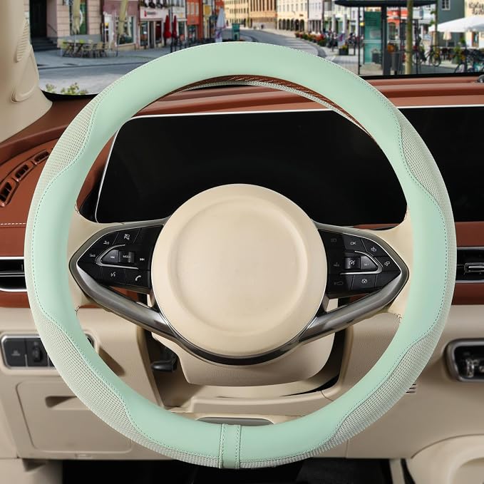 Nappa Leather Steering Wheel Cover, Advanced Microfiber Leather Non-Slip Breathable Fabric, Warm in Winter and Cool in Summer, Green Large 15.5 inch to 16 inch