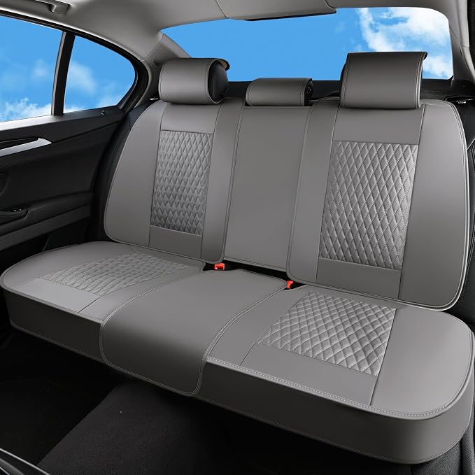 Huidasource Gray Back Seat Covers, Luxury Nappa Leather Rear Seat Cover with Velcro Adjustable, Child Seats, Ventilation Holes, Seat Belts, Back Seat Car Cover Fit for Most Cars SUV Trucks, Gray