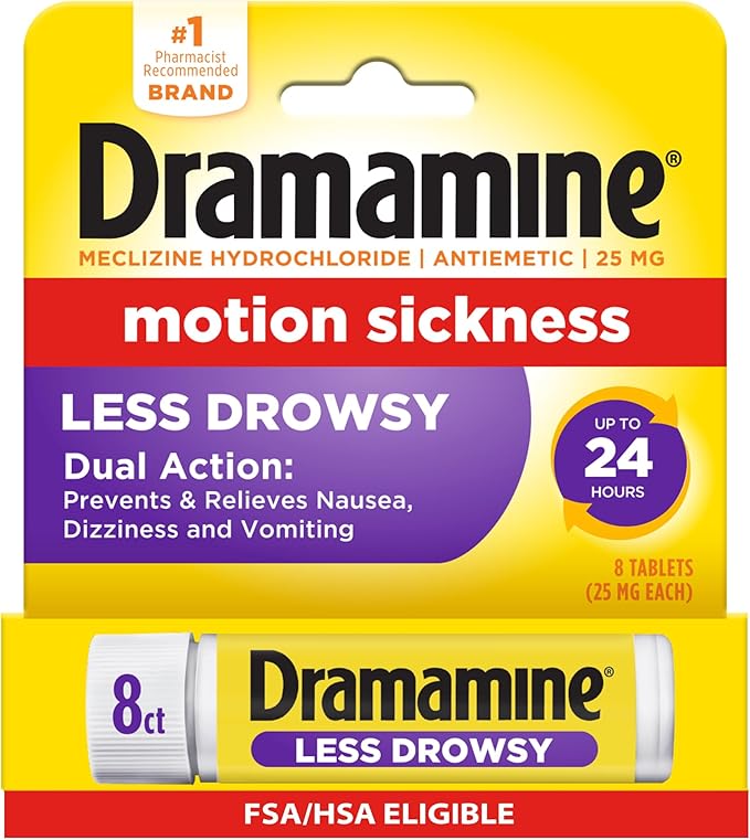 Dramamine Motion Sickness Less Drowsy, Travel Vial, Multicolor, 8 Count