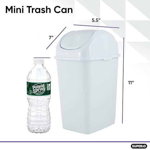 Superio Mini Desktop Trash Can with Swing Top Lid Portable Plastic Garbage Can for Countertop, Desktop, Make up Vanity, Bathroom, Car, Under Sink, Dorm, Compact Waste Bin 5 L 1.25 Gal (3, White)
