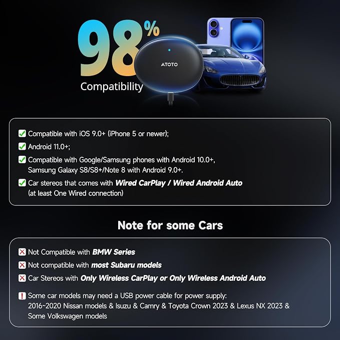 ATOTOZONE AD5 Wireless CarPlay Adapter & Android Auto Wireless Adapter, 2025 Upgrade Plug & Play AI Box CarPlay, Smart Box Compatible with YouTube, Dual Wi-Fi, ChatGPT