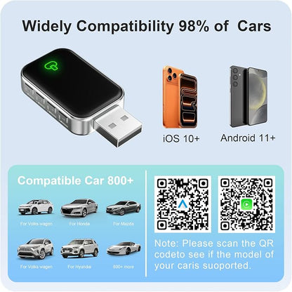 Wireless CarPlay Adapter for Apple & Android Auto, Convert Wired to Wireless,Plug & Play Auto-Connect, No Delay, BT 5.4, 2.4G/5G WiFi