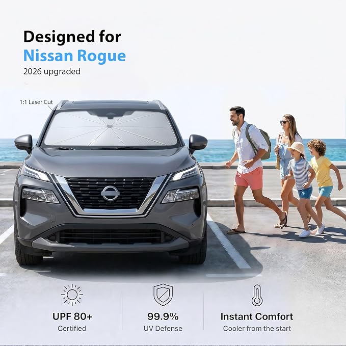 2026 Upgraded Windshield Sun Shade Umbrella for Nissan Rogue [Precision Custom Fit, Superior UV & Heat Block] Cooling Tech Fabric, Durable Foldable with Storage Bag, Fits 2008-2025